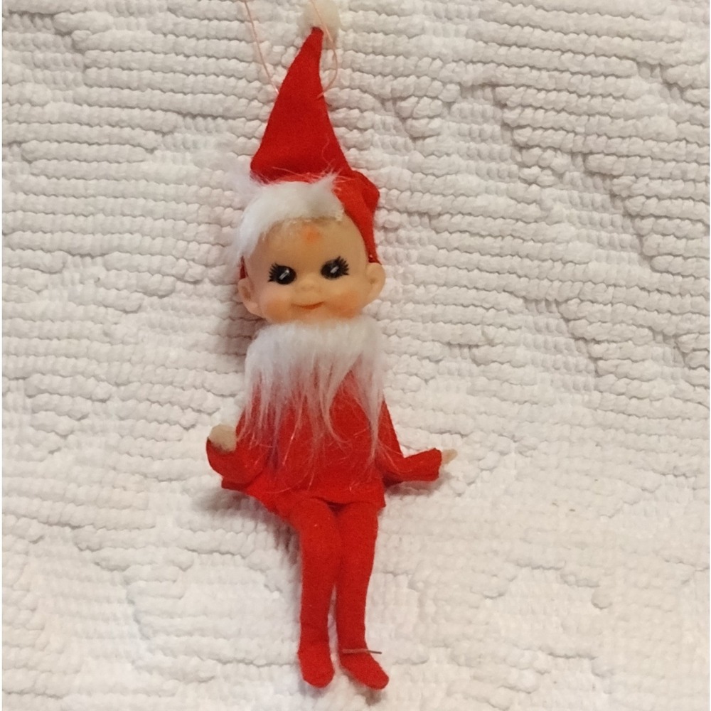 Vintage Red Felt Knee Hugger Elf Christmas Ornament Plastic Face Mid Century